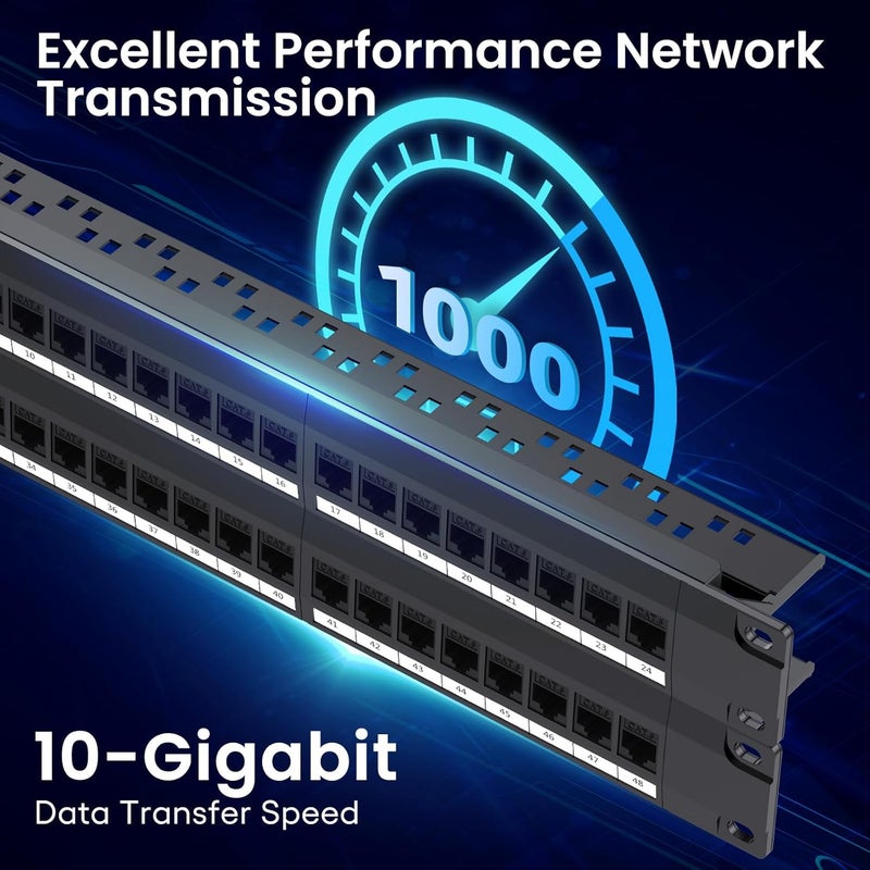 CableGeeker لوحة توصيل Cat6 48 منفذ مع كاستان داخلي، دعم Ethernet بسرعة 10G، لوحة توصيل شبكة UTP 19 بوصة مع شريط خلفي قابل للإزالة، متوافقة مع Cat6 و Cat5e و Cat5 لتوصيلات الرف - Image 2